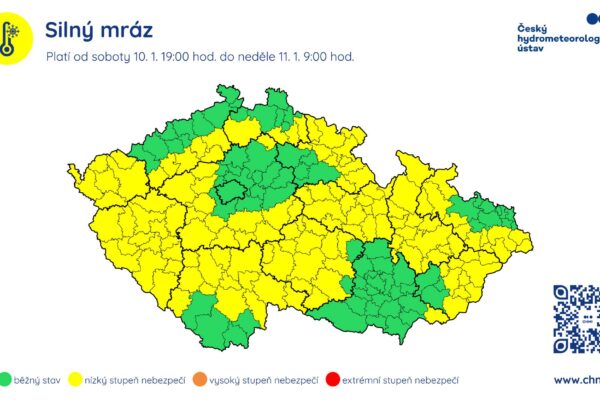 Mrazivé teploty pod -12 °C zasáhnou většinu území