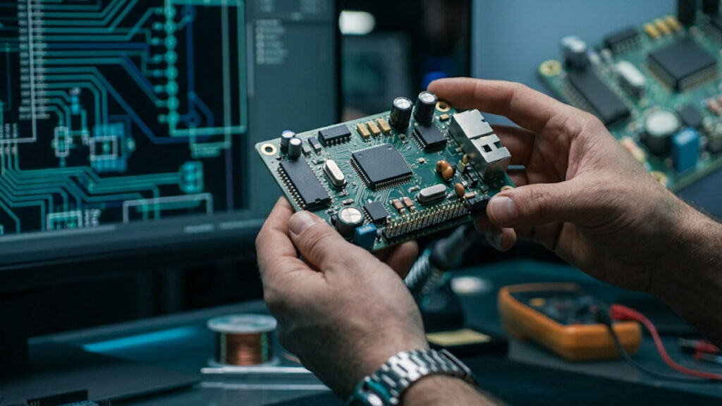 Detailní záběr na ruce, které drží prototyp elektronické desky plošných spojů s mikročipy a součástkami, na pozadí pracovní stůl s nástroji a monitorem zobrazujícím schéma obvodu.