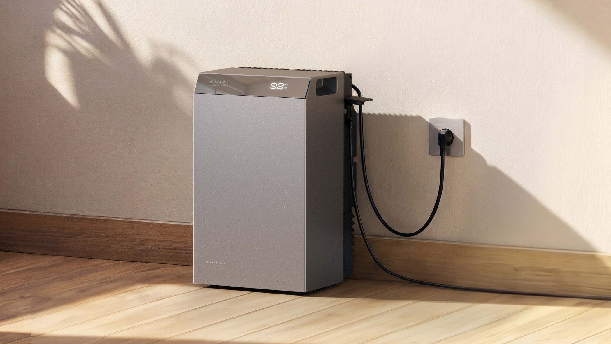 EcoFlow plug-in baterie v podkroví připojená ke zdi