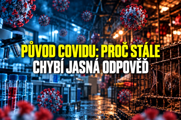 Původ covidu – ilustrační banner s koronavirem, laboratorním sklem a tržištěm