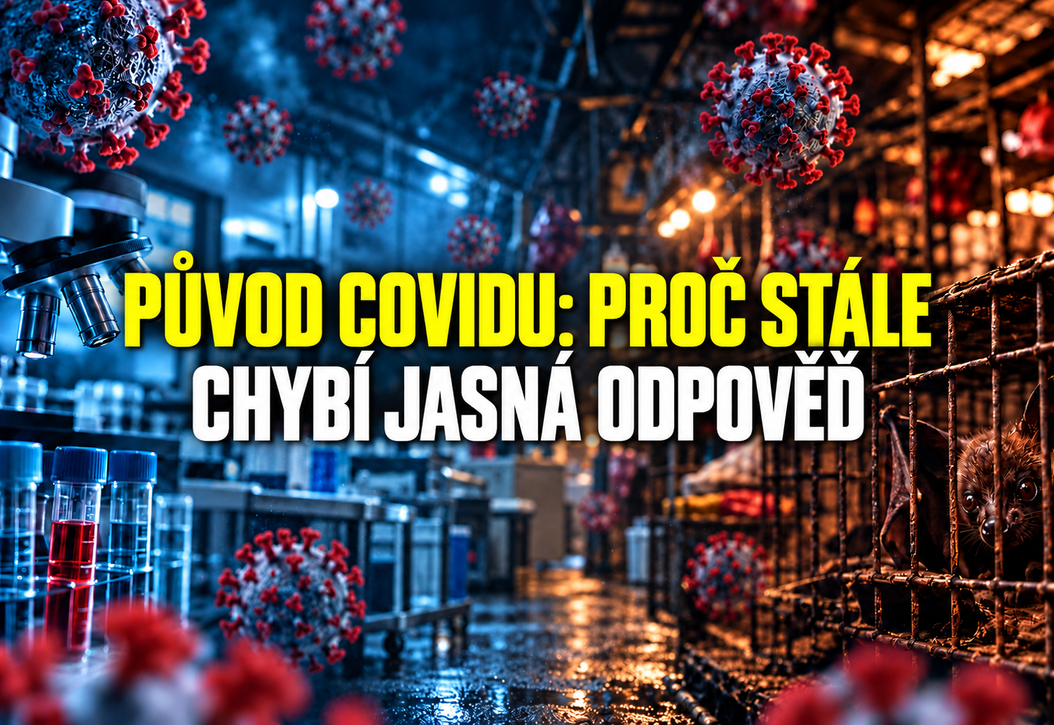 Původ covidu – ilustrační banner s koronavirem, laboratorním sklem a tržištěm