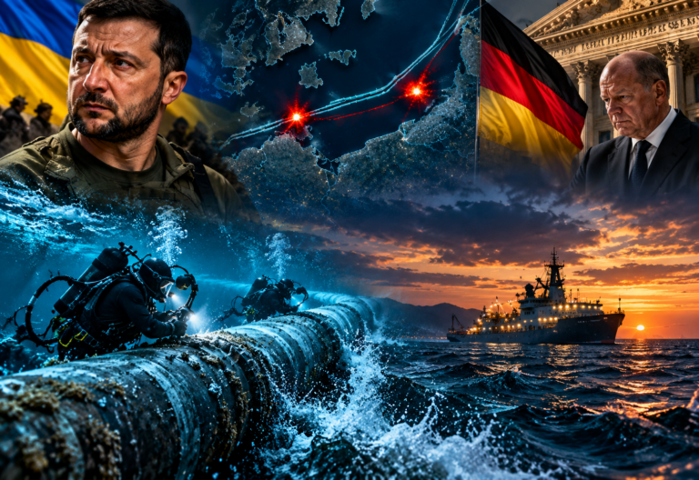 Nord Stream – AI ilustrace sabotáže plynovodů v Baltském moři s mapou, potápěči a německým vyšetřováním