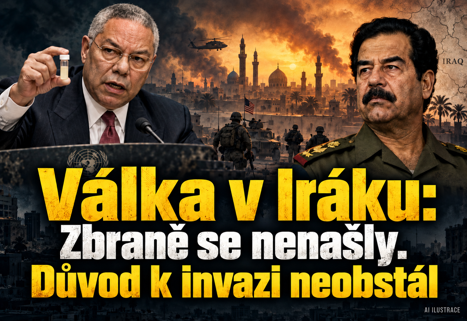 Válka v Iráku – AI ilustrace Colina Powella s lahvičkou, Saddáma Husajna a válečné scény v Bagdádu.