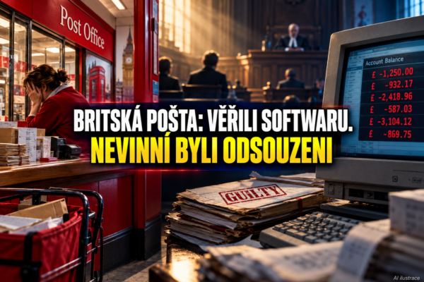 Britská pošta a kauza Horizon – AI ilustrace poštovní přepážky, účetního monitoru a soudní síně.
