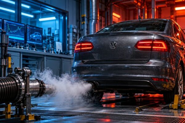 Dieselgate – ilustrační automobil v emisní zkušebně s titulkem o odpovědnosti za podvod.