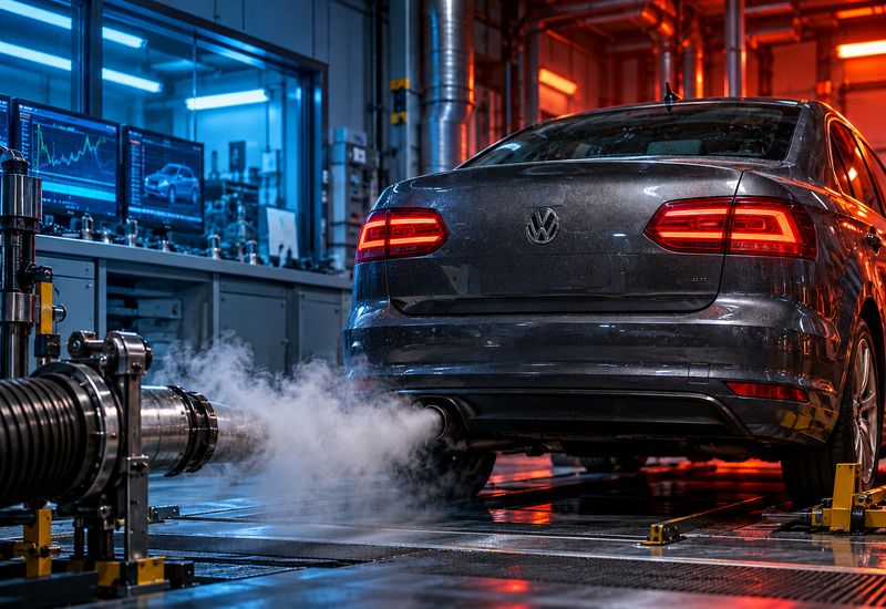 Dieselgate – ilustrační automobil v emisní zkušebně s titulkem o odpovědnosti za podvod.