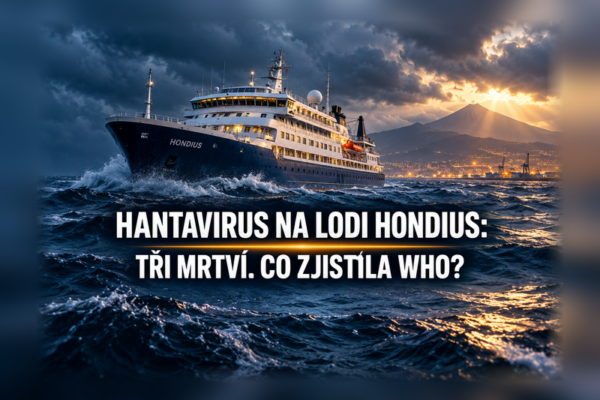 Hantavirus na lodi Hondius – ilustrace výletní lodi v Atlantiku a titulku o závěrech WHO