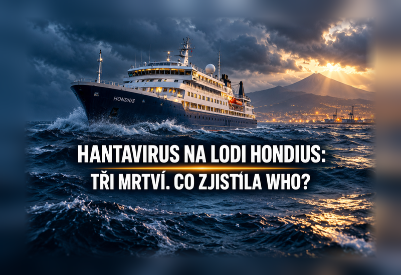 Hantavirus na lodi Hondius – ilustrace výletní lodi v Atlantiku a titulku o závěrech WHO